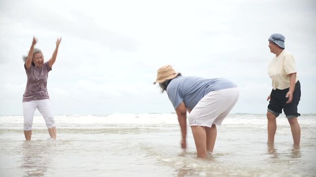 Elderly people enjoying summer activity on beach water with waves and ocean under cloudy sky embracing tourism travel concept and joyful mood during outdoor leisure time