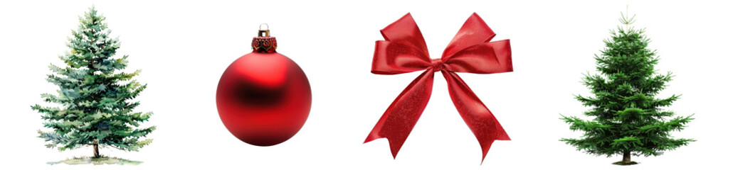 set of christmas decoration objects: red ribbon, red christmas ball, fir tree, isolated on white or transparent png