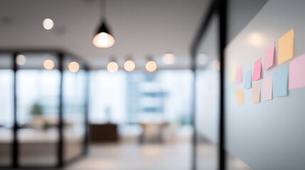 Blurred Of Modern Office Background With Sticky Notes And Ambient Lighting For Corporate Presentation, Website Header Or Advertising Campaign