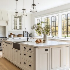 A farmhouse kitchen with a large island Shaker