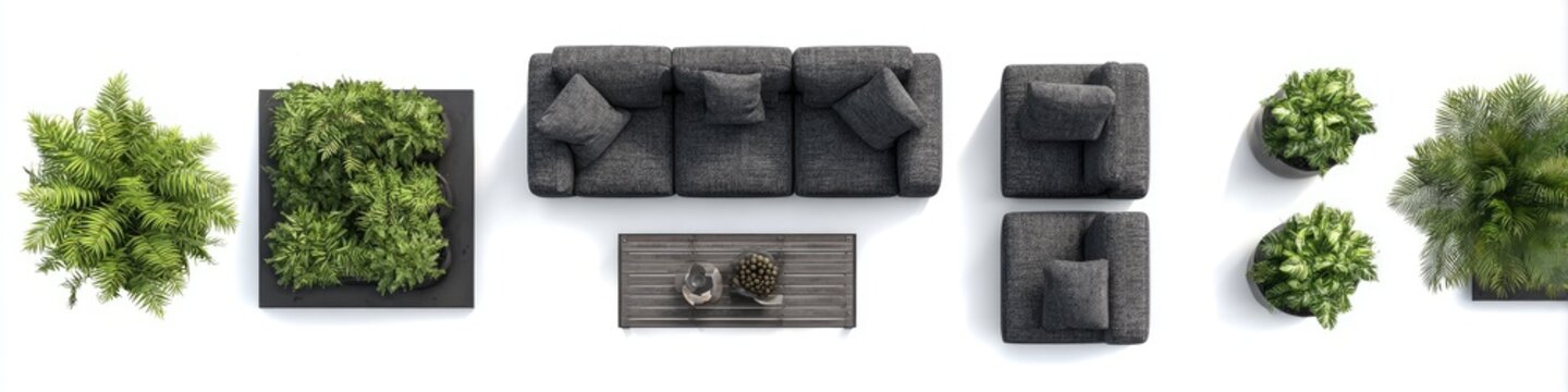 Top-down view of gray furniture and potted plants