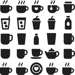 Black Beverage and Drink Icon Set – Coffee, Tea, Juice, Mug, and Bottle Silhouettes

