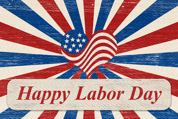  Happy Labor Day Card with retro USA red, white and blue heart and strips