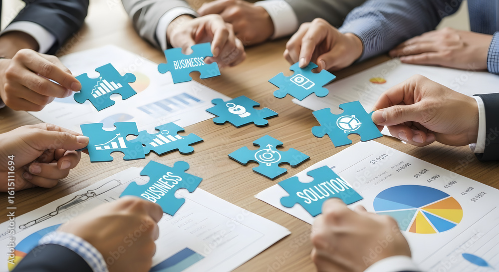 Poster business team assembling puzzle pieces representing a collaborative solution.
