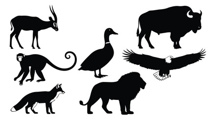Vector silhouette illustration a diverse array of animal silhouettes, including a duck, eagle, lion, and elephant, representing various species