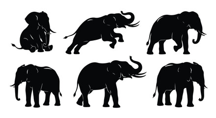 Silhouette vector set a collection of black silhouette elephants in various poses against a white background