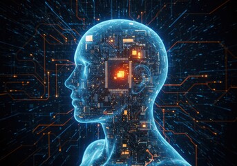 Abstract representation of a translucent human head filled with glowing circuit board components and digital data streams signifying artificial intelligence and cognitive processing