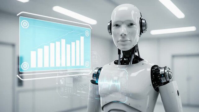 A futuristic humanoid robot demonstrates advanced AI capabilities as it analyzes data, displaying interactive holographic interfaces that visualize performance metrics and trends.
