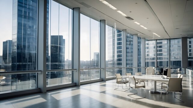 Sala de reuniones moderna con grandes ventanales y luz natural
