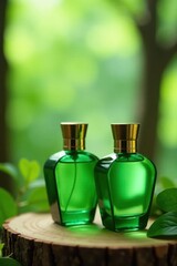 Elegant green perfume bottles, natural setting, wooden display, branches, still life