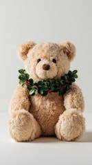 Obraz premium Plush teddy bear with Christmas greenery wreath around neck sitting against a neutral background, perfect for winter holiday cards, children’s illustrations, and cozy seasonal decor