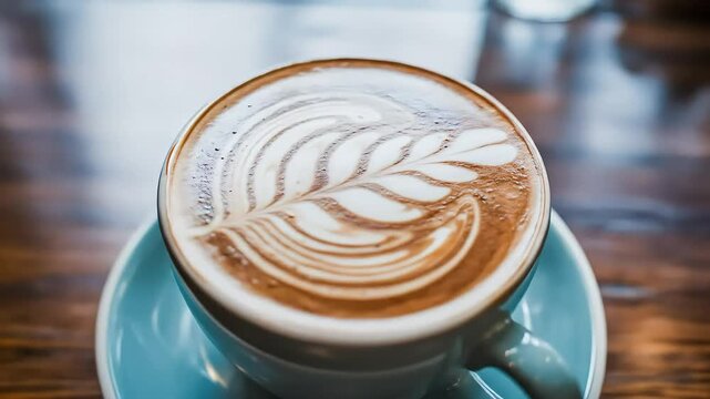 A beautifully crafted cappuccino with detailed rosetta latte art, sitting on a wooden table in a cozy cafe setting