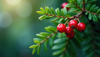 Obraz premium Evergreen branch laden with bright red berries , closeup, branch, macro