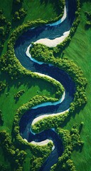 Obraz premium Aerial view of a winding river cutting through vibrant green fields and lush vegetation, showcasing a natural, flowing landscape