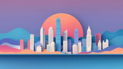 Papercut cityscape at sunset, showcasing modern skyscrapers with layered, colorful gradients and a pastel aesthetic