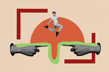 Poster trend sketch template 3D collage of gesture finger point showing body language sign route...