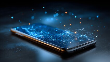 Futuristic smartphone with glowing data particles and digital network concept