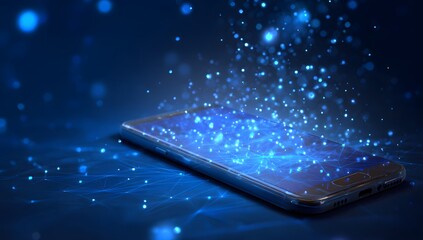Futuristic smartphone with glowing data particles and digital network concept