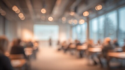 Blurred Background of Conference Presentation Room with Engaged Audience and Soft Lighting for Professional Use in Various Contexts