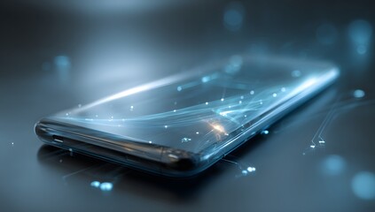Futuristic smartphone with glowing data particles and digital network concept