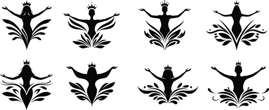 Set of crowned woman silhouettes with abstract natural swirls. Queen, goddess, or beauty pageant winner logo and icon collection.
