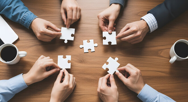 Team collaborates, connecting puzzle pieces on a wooden table with coffee cups. - Powered by Adobe