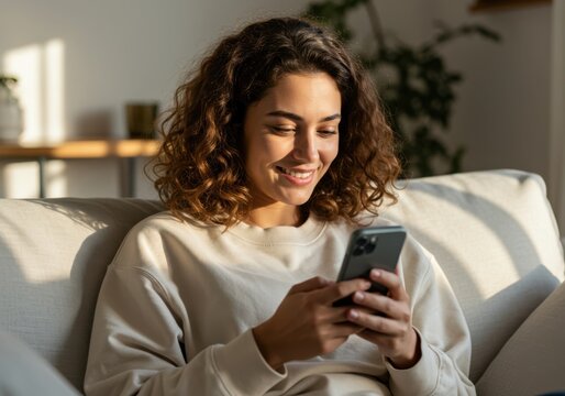 Young woman with curly hair smiling while holding and looking at her mobile phone on a comfortable couch