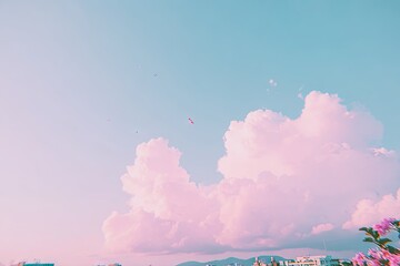 Fototapeta premium Pastel-toned sky with fluffy clouds and kites