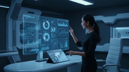 A focused professional analyzing data trends on a futuristic transparent display, emphasizing advanced technology and analytical skills in a modern workspace environment. - Powered by Adobe