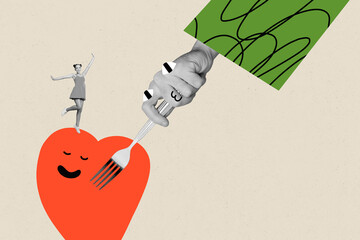 Art sketch image vertical collage of happy girl stand heart icon smiley hand hold fork prick smm blogging notification food emoji