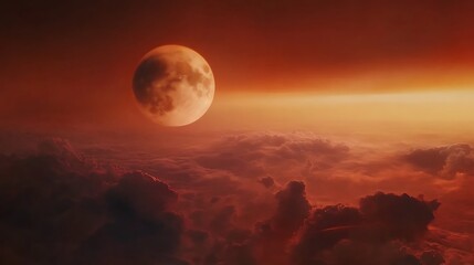 Glowing night sea beneath bright red moon and stars high resolution picture