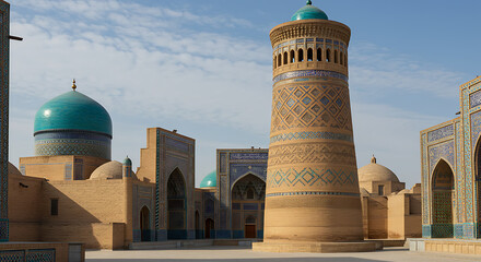 Obraz premium Historic Islamic Architecture Featuring Mosaic Minaret and Turquoise Domes – Cultural Landmark and Heritage Design