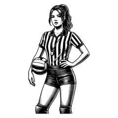 Female Volleyball Referee Stands Confidently With A Whistle And Ball