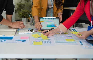 Project manager working and update tasks with milestones progress planning and professional investor working new start up project in the office.