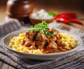 Veal Goulash with Spaetzle, on the table, with space for copying