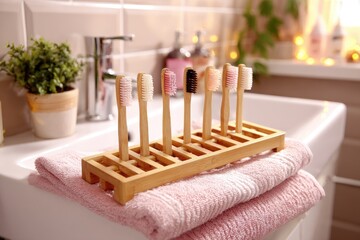 Wooden toothbrush holder with various colored toothbrushes on bathroom sink