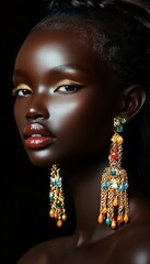 Stunning Portrait of an African Woman Wearing Intricate Jewelry in a Dark Studio with Elegance
