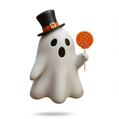 Spooky Cute Ghost with Top Hat and Lollipop, Vintage Halloween Fun, 8K.