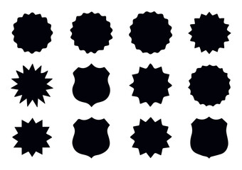  Black Vector Badge Shapes Featuring Starburst and Sunburst Styles, Clean Silhouette Label Set, Editable Formats: AI, EPS, JPG, PNG, Ideal for Both Digital and Print Use

