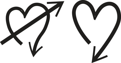 Minimalist black heart arrows in hand-drawn style, symbolizing love, direction, or romantic connection. Unique vector design for creative, emotional, or relationship-themed projects.