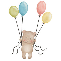 Watercolor style bear flying with balloons