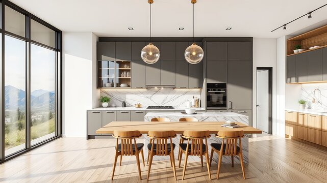 Sunlight streams into an elegant kitchen showcasing marble accents, wooden cabinetry, and a large island ready for culinary creations