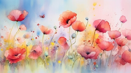 multicolored watercolor gradient rainbow flowers on a white background peonies poppies summer painting.