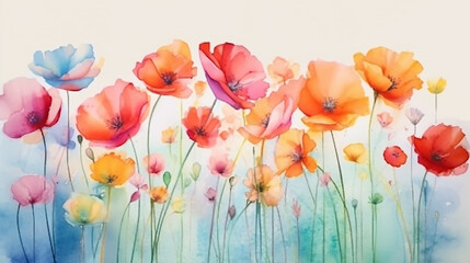 multicolored watercolor gradient rainbow flowers on a white background peonies poppies summer painting.
