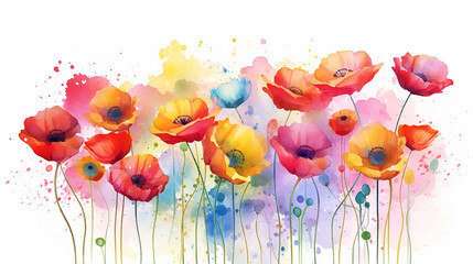 multicolored watercolor gradient rainbow flowers on a white background peonies poppies summer painting.