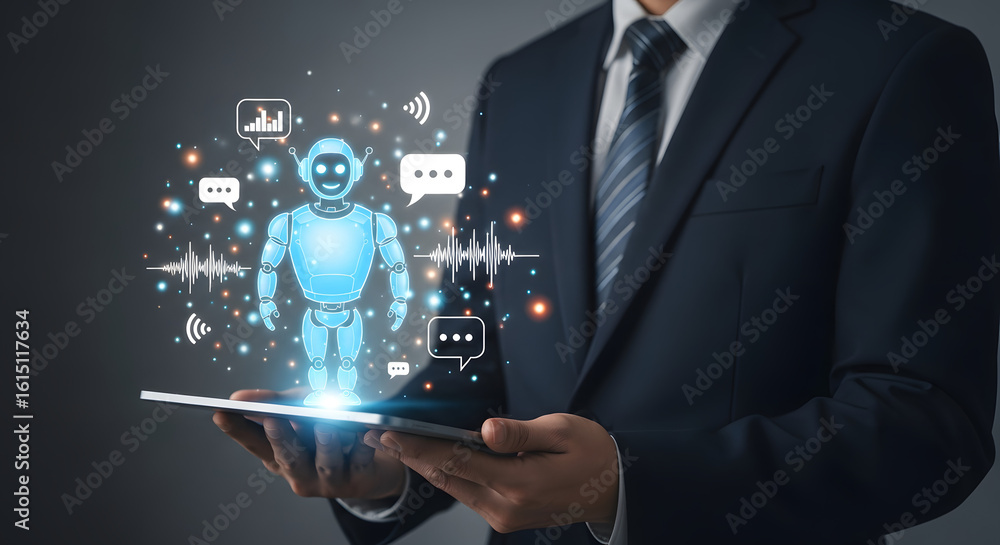 Poster a businessman holding a tablet with a holographic ai robot interacting with data visualizations.