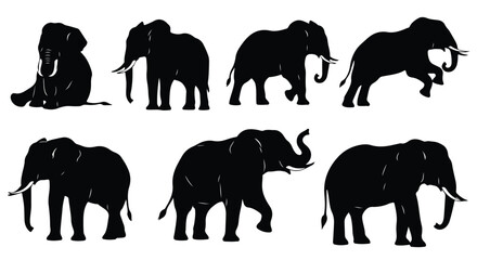 Silhouette vector set a collection of black elephant silhouettes in various poses on a white background