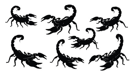 Silhouette vector set a collection of black scorpion silhouettes is displayed against a stark white background
