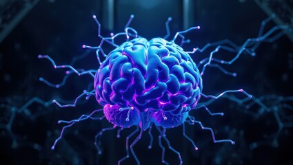 A glowing blue and purple brain with neural connections against a dark background in a futuristic style