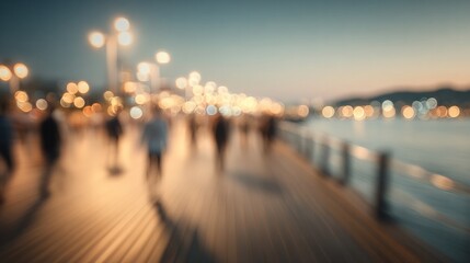 Obraz premium Blurred people walking on waterfront boardwalk at sunset